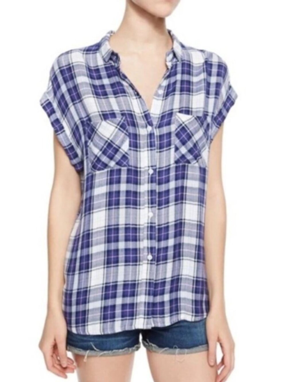 Rails Britt Plaid Cap Sleeve Button Down Shirt Linen Blend White Blue Large